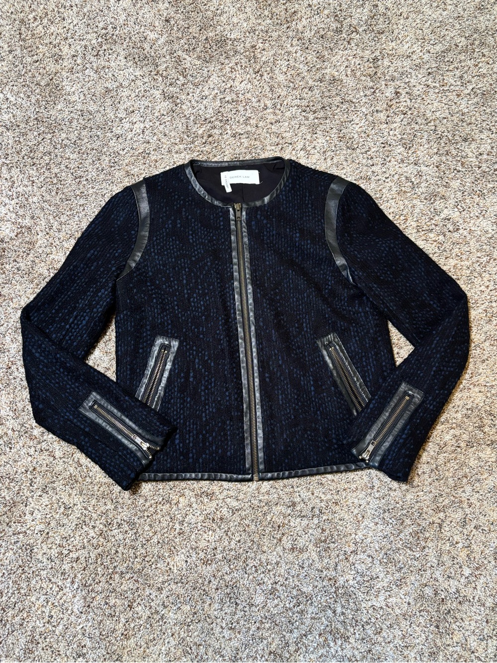 312. Derek Lam 10 Crosby Black Textured Leather-Trim Zip Jacket, Size M